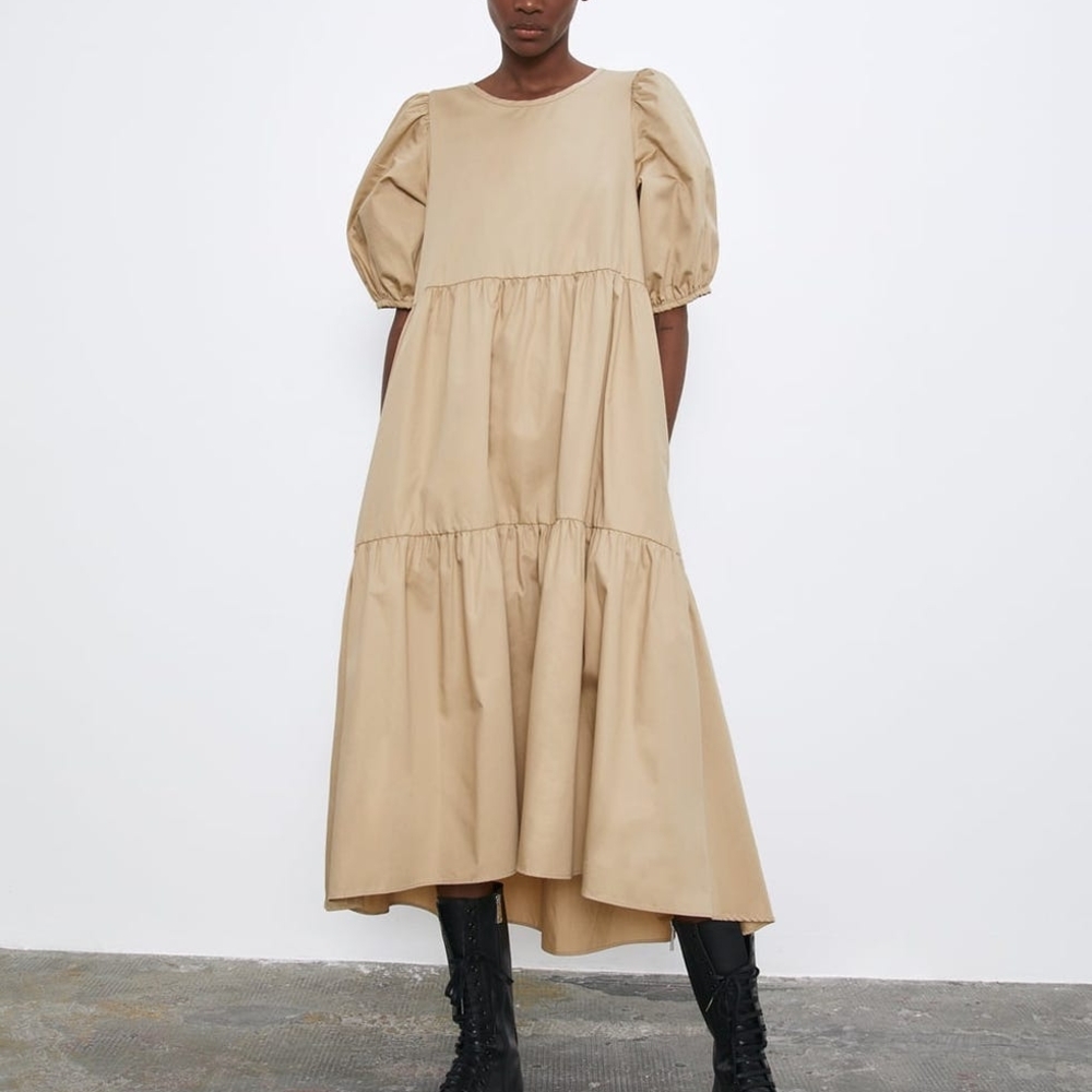 Zara Asymmetrical Tan Dress with Puff Sleeves
